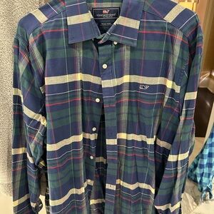 Vineyard Vines Men's Green and Blue Plaid Shirt